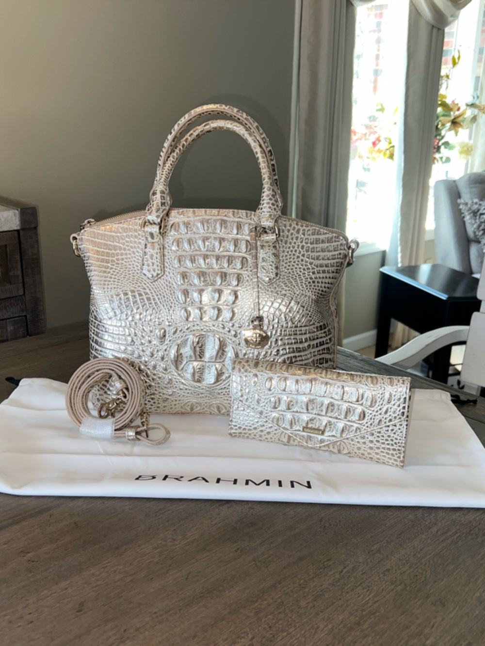 Brahmin Silver/Gold Metallic Croc-Embossed Satchel with Matching Veronica Wallet